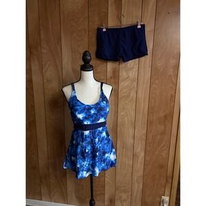 Zando Womens Tankini Swimsuit Blue Tie Dye Tummy Control Top and Boyshorts Set L